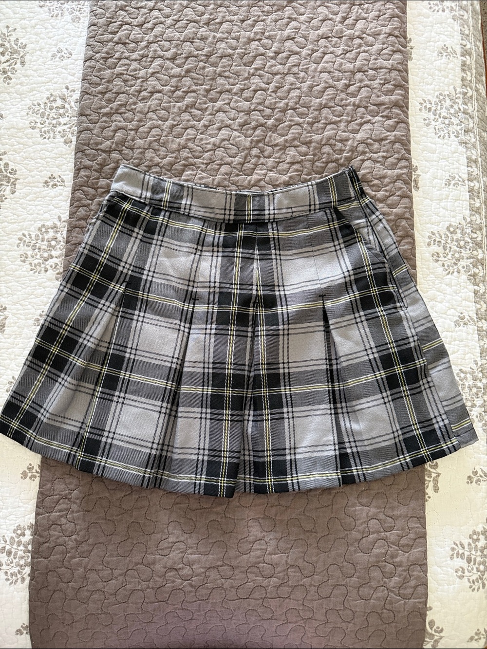 DIXXON Gray and Black Plaid Pleated Mini Skirt with Yellow Accents